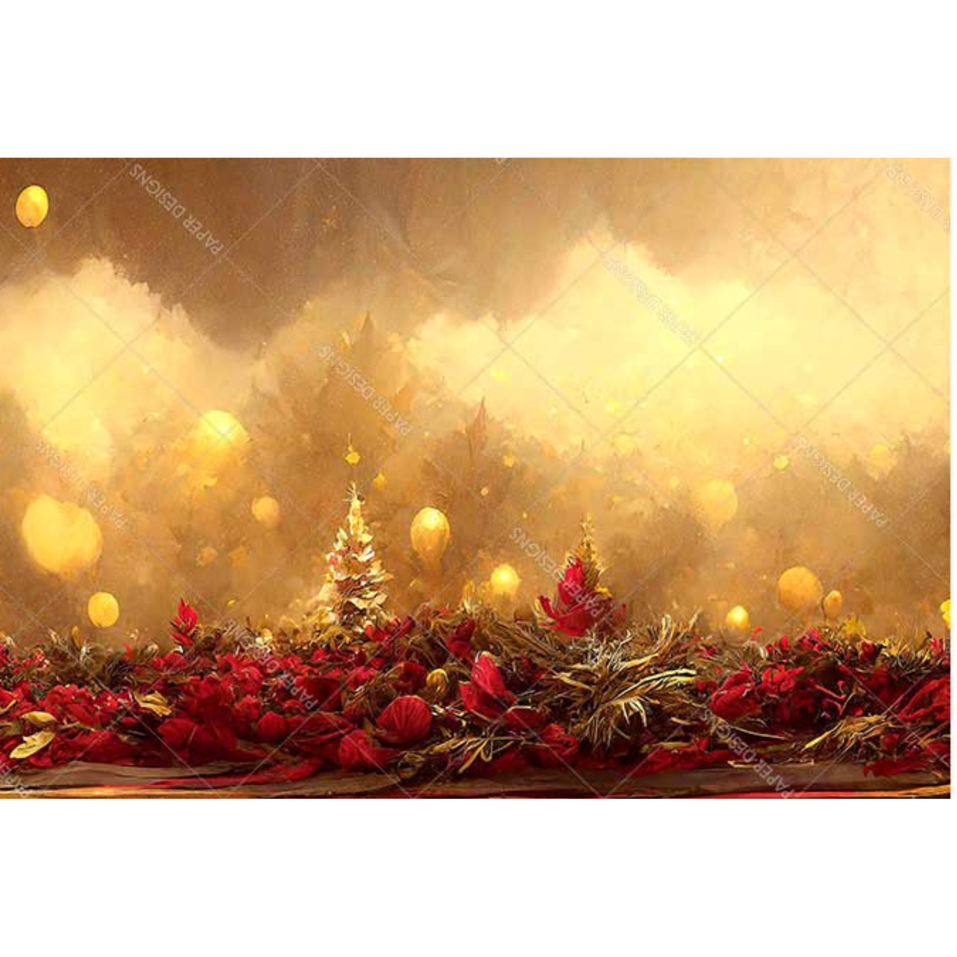 Festive scene with Christmas trees and red flowers on a gold background.
