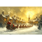 Santa Claus in a sleigh pulled by reindeer over a snowy village.