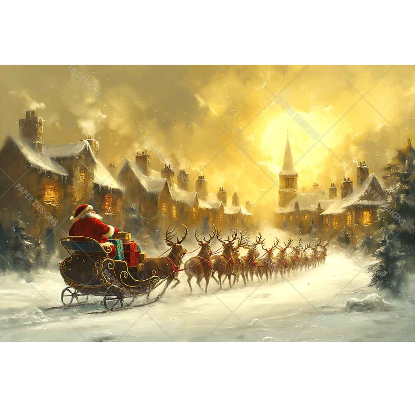 Santa Claus in a sleigh pulled by reindeer over a snowy village.