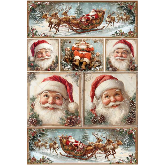 Multi image sheet of Santa Claus in a sleigh with reindeer against a winter landscape plus various portrait shots.