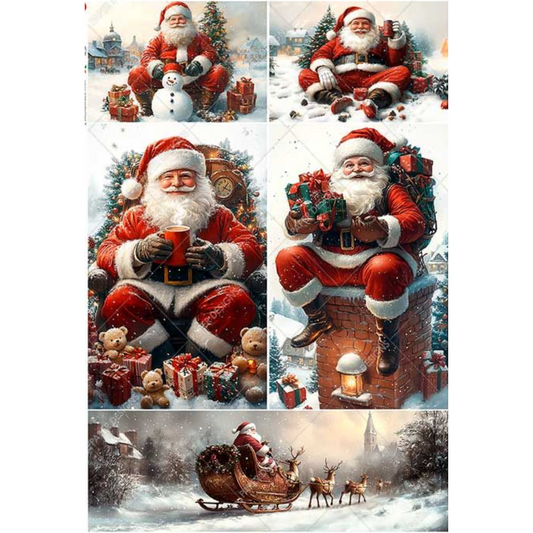 Collage of Santa Claus in various festive scenes with presents and reindeer.