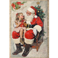 Vintage-style illustration of Santa Claus sitting with a child, surrounded by Christmas decorations.