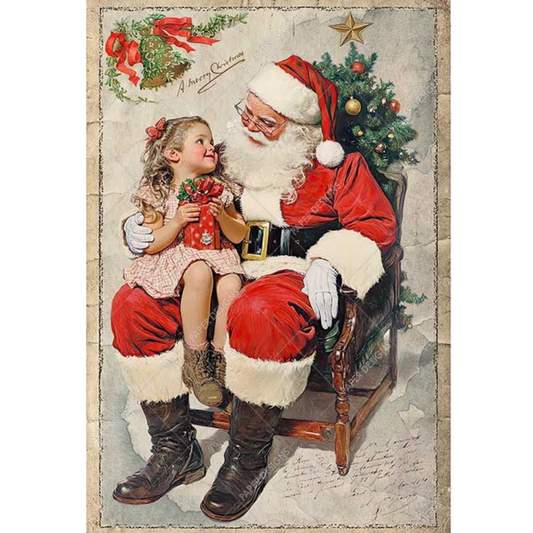 Vintage-style illustration of Santa Claus sitting with a child, surrounded by Christmas decorations.