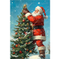 Colorful image of Santa Claus decorating a Christmas tree with a blue sky background.
