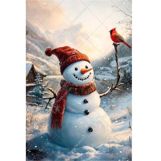 Snowman with a red hat and scarf in a snowy landscape with a cardinal bird.