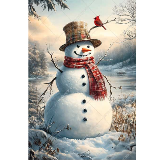 Snowman with a red scarf and hat in a snowy landscape with a cardinal on a branch.