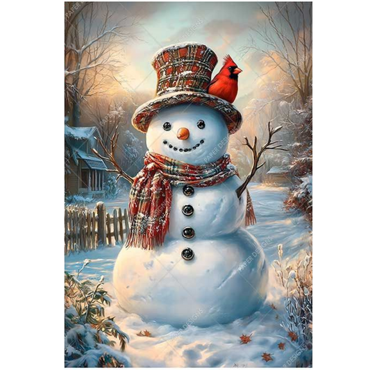 Image of a snowman with a plaid hat and scarf, with a red cardinal in his hat, surrounded by a snowy landscape.