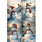 Collage of four unique images featuring a snowman with a hat and scarf with a cardinal in a snowy landscape.