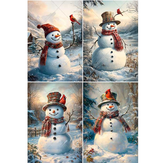 Collage of four unique images featuring a snowman with a hat and scarf with a cardinal in a snowy landscape.