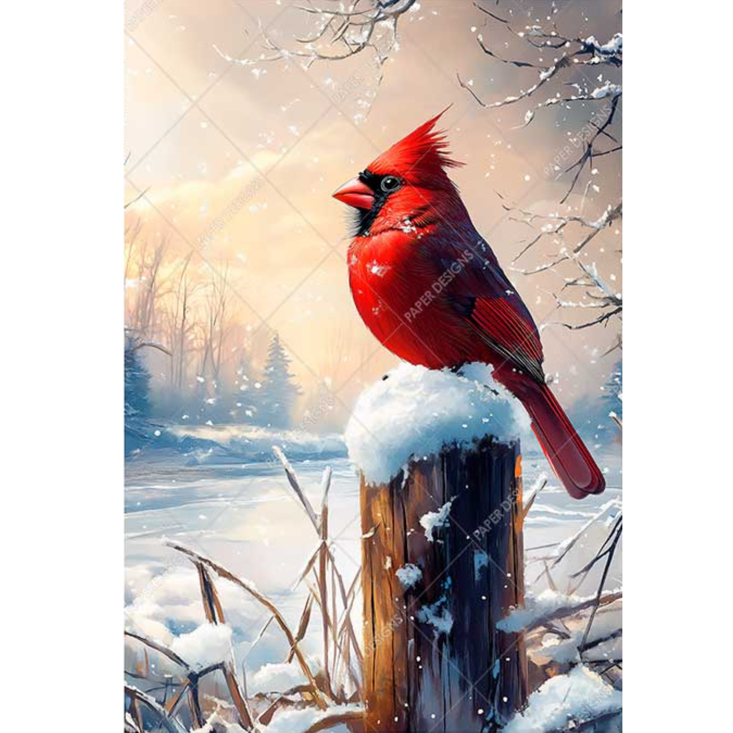 Red cardinal bird perched on a snow-covered post in a winter landscape.