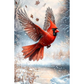 Red cardinal bird in flight against a snowy background.
