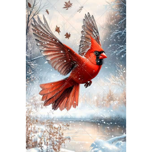 Red cardinal bird in flight against a snowy background.