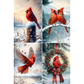 Four image collage of red cardinals in winter scenes with snow and wreaths.