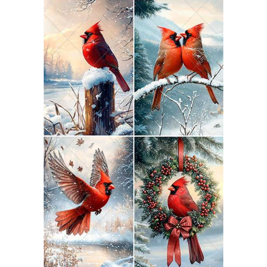 Four image collage of red cardinals in winter scenes with snow and wreaths.