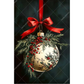 Decorative Christmas ornament with gold ball, greenery, red berries, and red ribbon on a dark background.