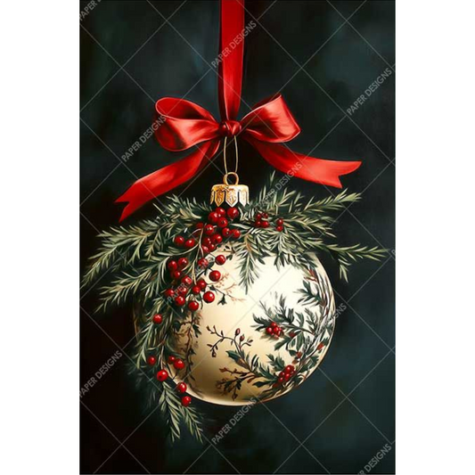 Decorative Christmas ornament with gold ball, greenery, red berries, and red ribbon on a dark background.