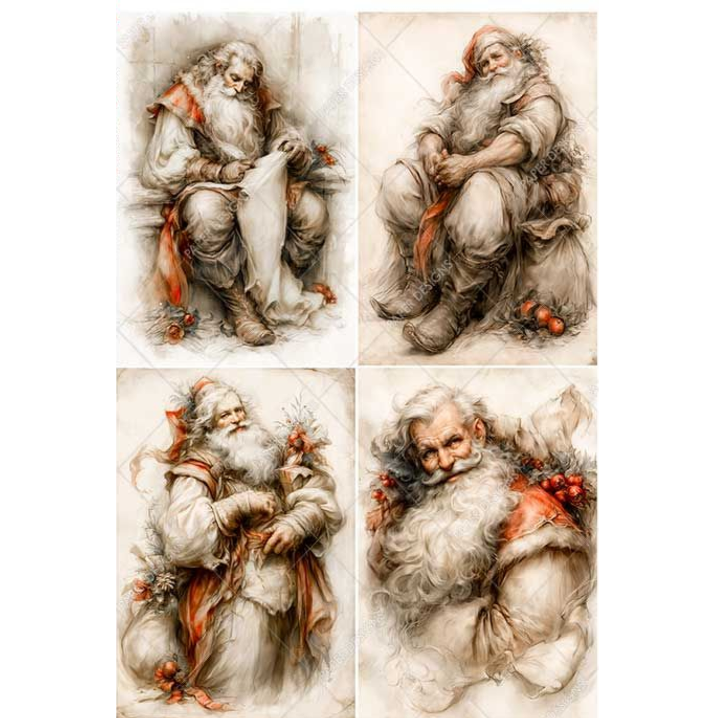 A set of four vintage-style images depicting Santa Claus in a seated pose, rendered in a sketch-like watercolor or ink illustration with warm beige, gray, white, and rust-red tones.
