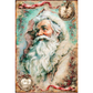 Vintage-style Christmas paper featuring Santa Claus with a long white beard, surrounded by holly, red ribbons, ornaments, and a distressed aged-paper border with the words 'Merry Christmas'.
