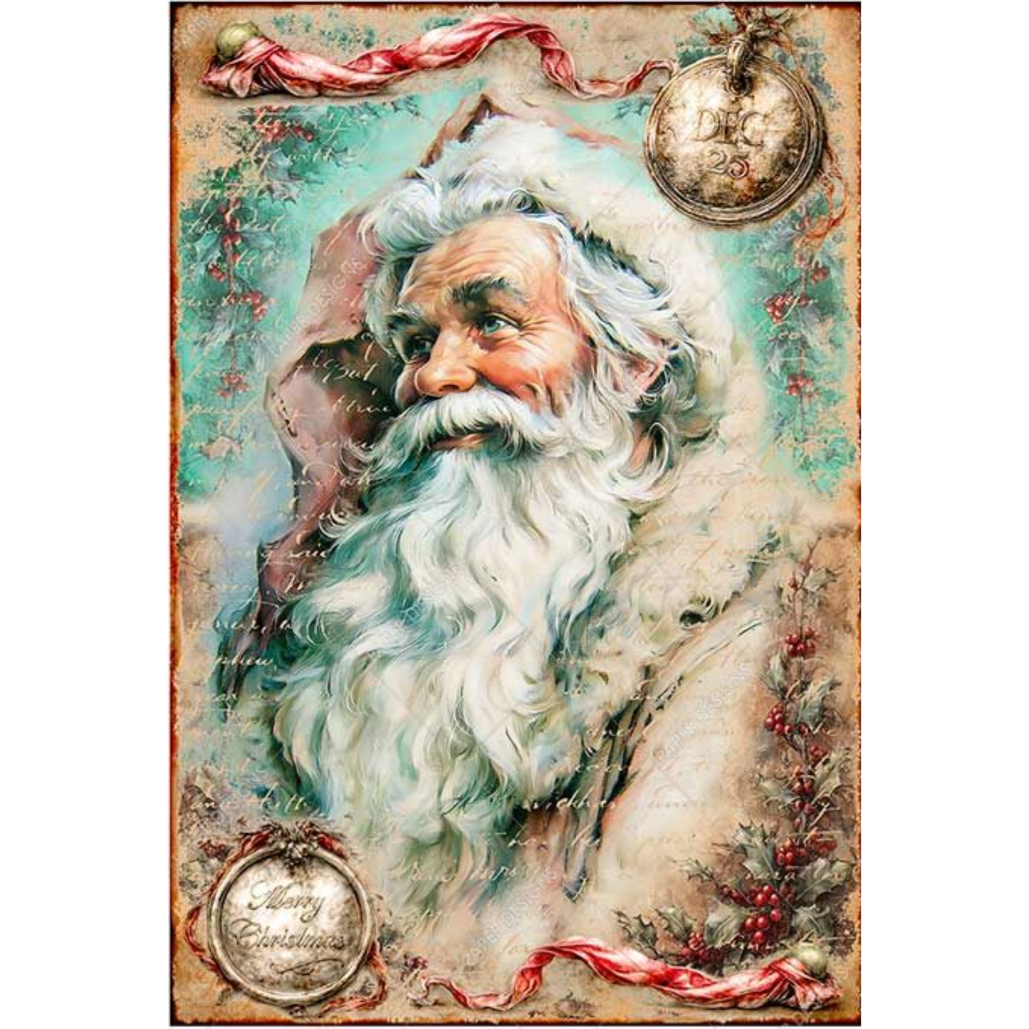 Vintage-style Christmas paper featuring Santa Claus with a long white beard, surrounded by holly, red ribbons, ornaments, and a distressed aged-paper border with the words 'Merry Christmas'.