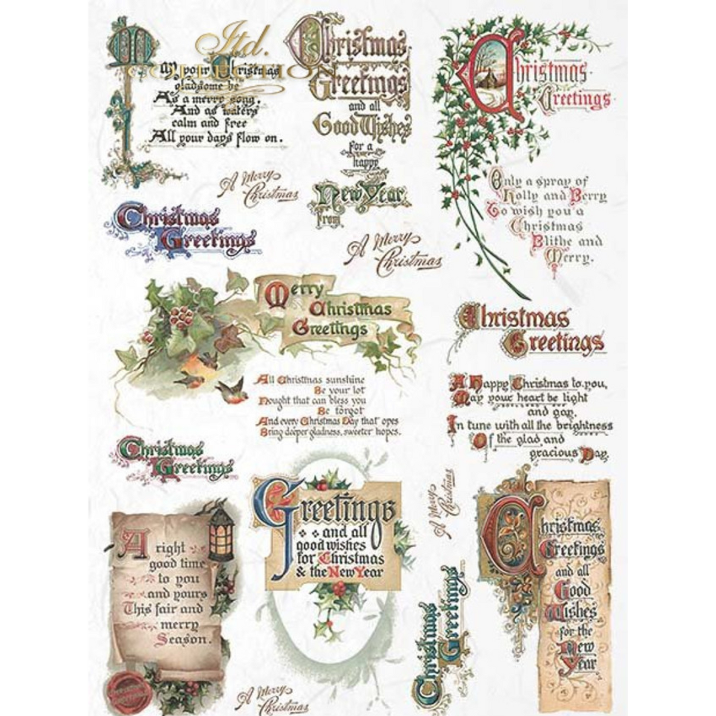 "Christmas Greetings" decoupage rice paper by ITD Collection. Available at Milton's Daughter.