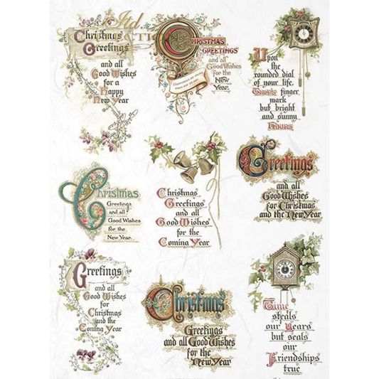 "Christmas Greetings II" decoupage rice paper by ITD Colleciton. Available at Milton's Daughter.