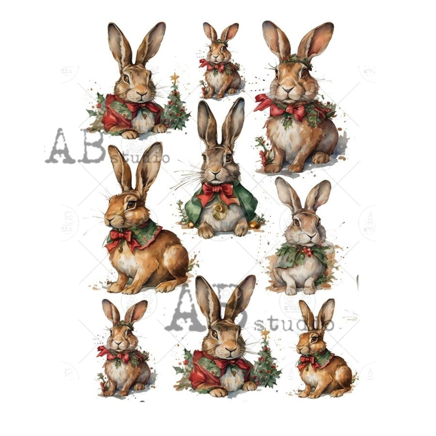 Illustrations of rabbits with festive accessories on a white background
