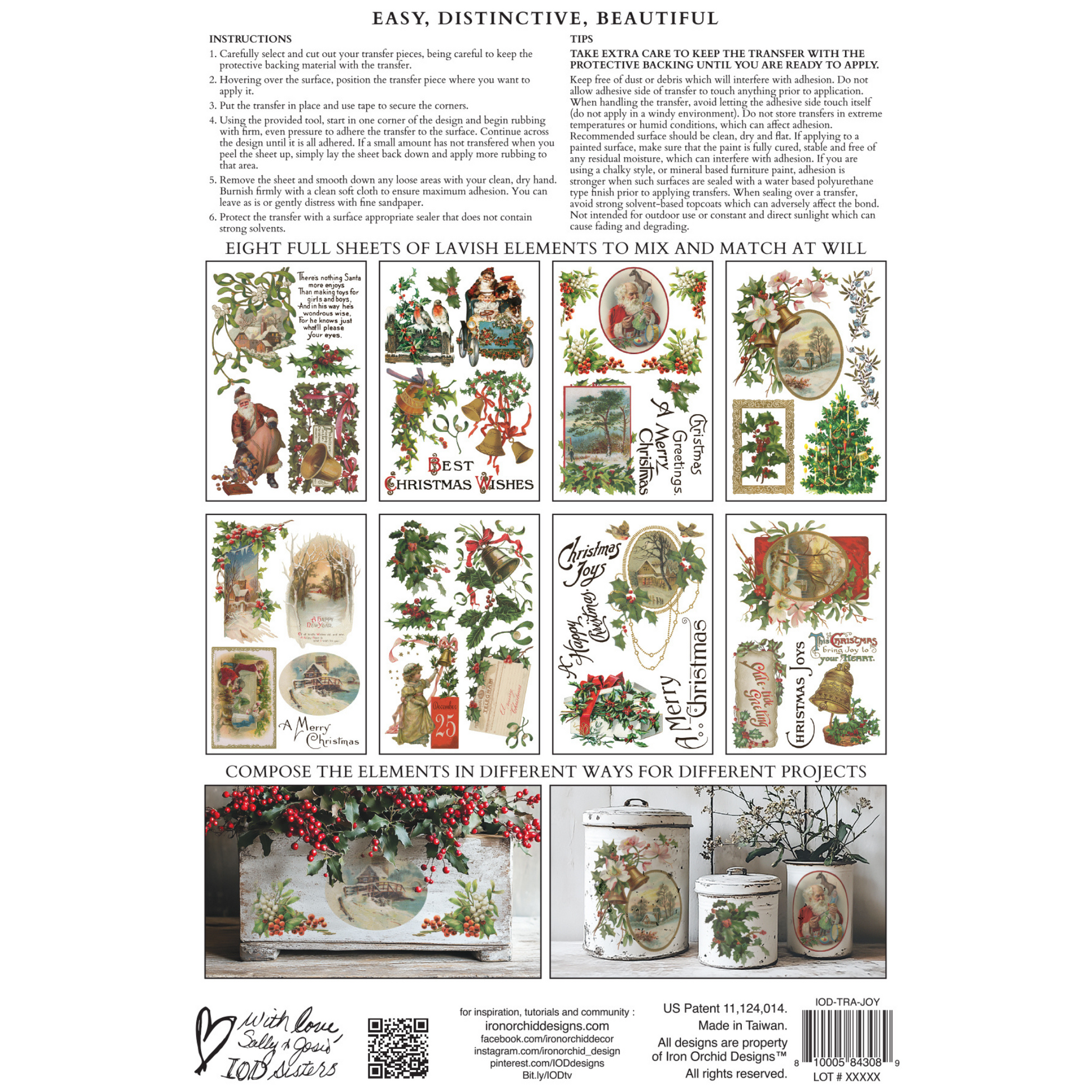 "Christmas Joy" IOD Transfer by Iron Orchid Designs. Available at Milton's Daughter. Back cover. Contains various designs and instructions on a white background.