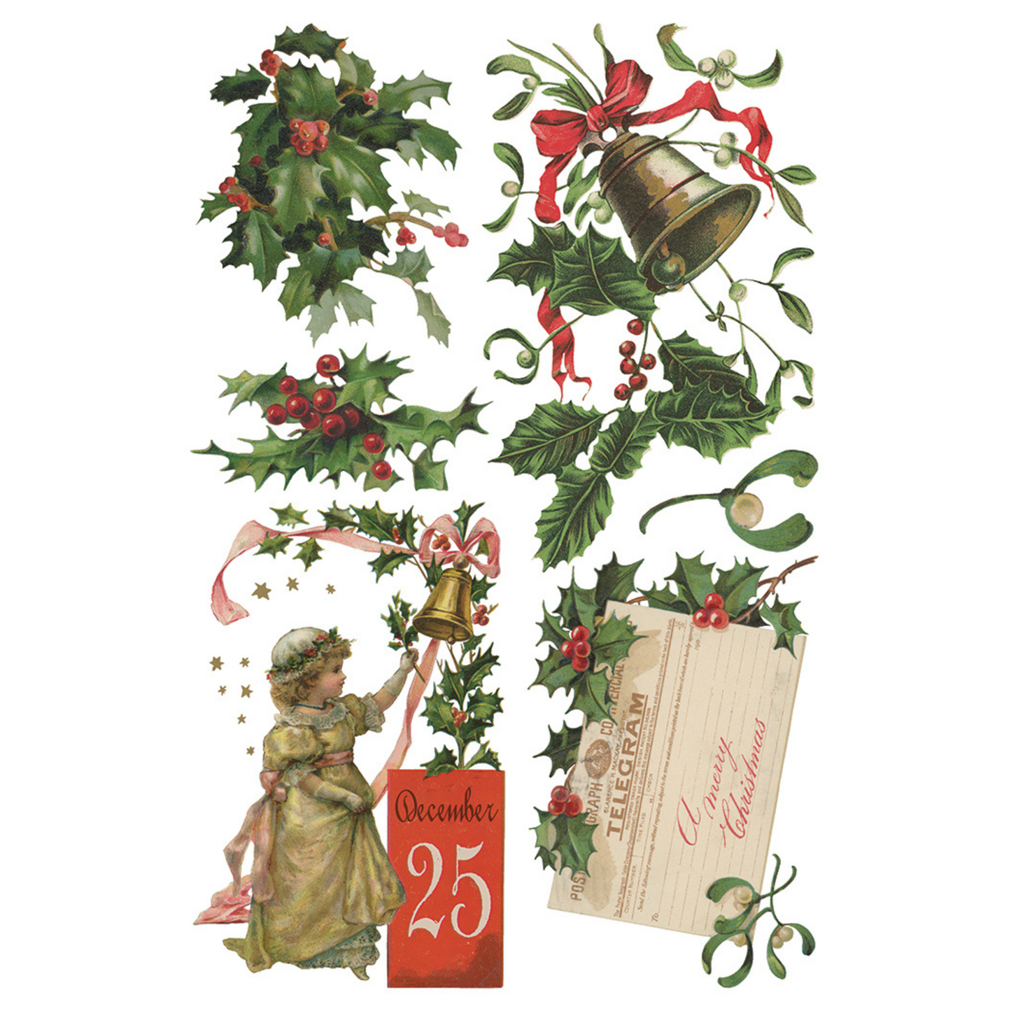 "Christmas Joy" IOD Transfer by Iron Orchid Designs. Available at Milton's Daughter. Pg 6 of 8. Vintage-style Christmas decorations with holly, bells, and a girl holding a telegram.