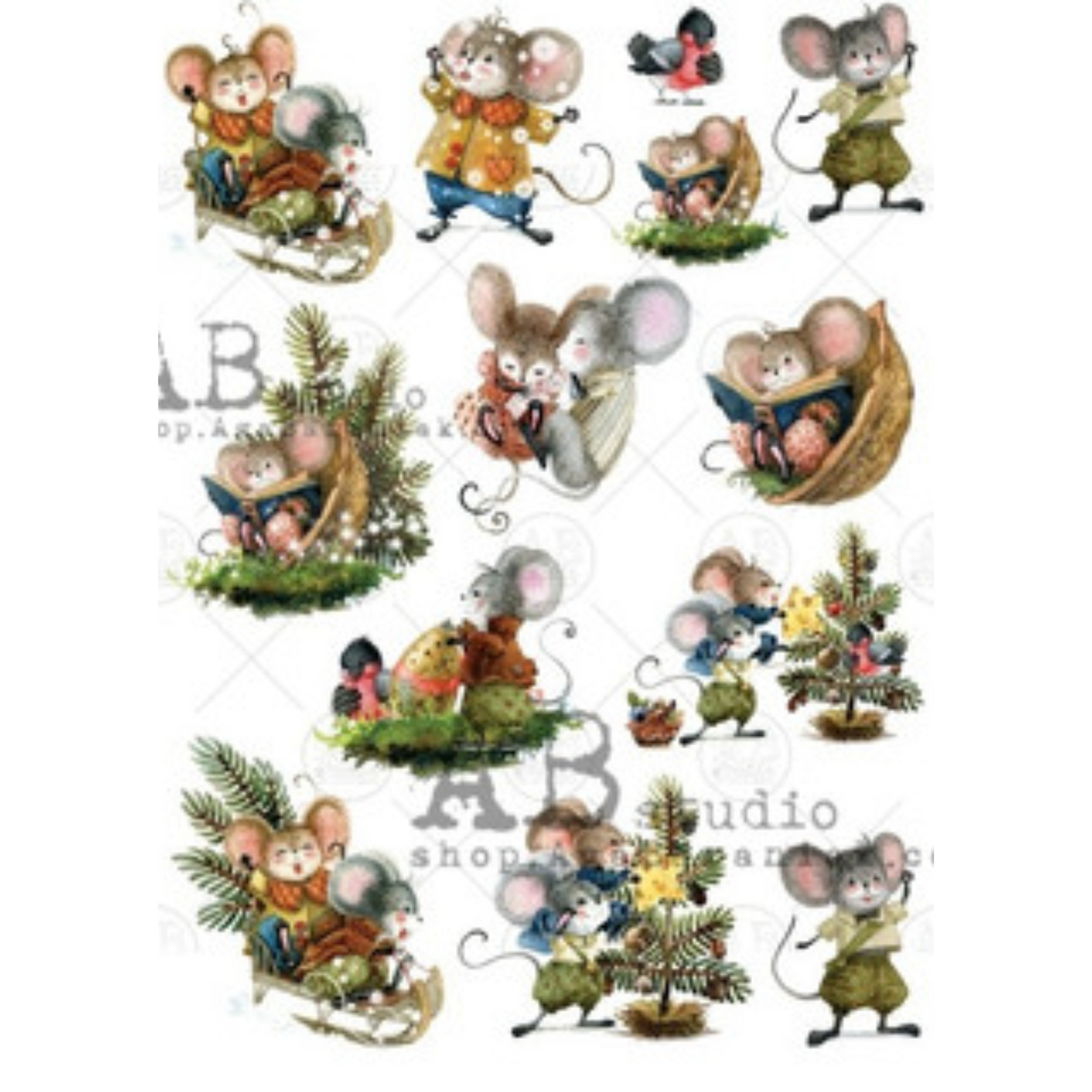 "Christmas Mice Scenes" decoupage rice paper by AB Studio. Available at Milton's Daughter.