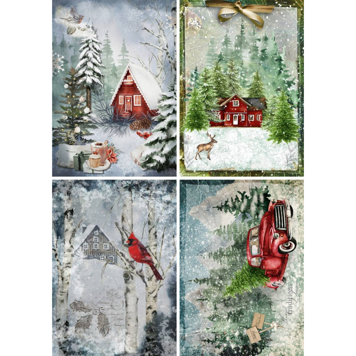 Set of four winter-themed images with red cabin, truck, and cardinal in snowy landscapes.