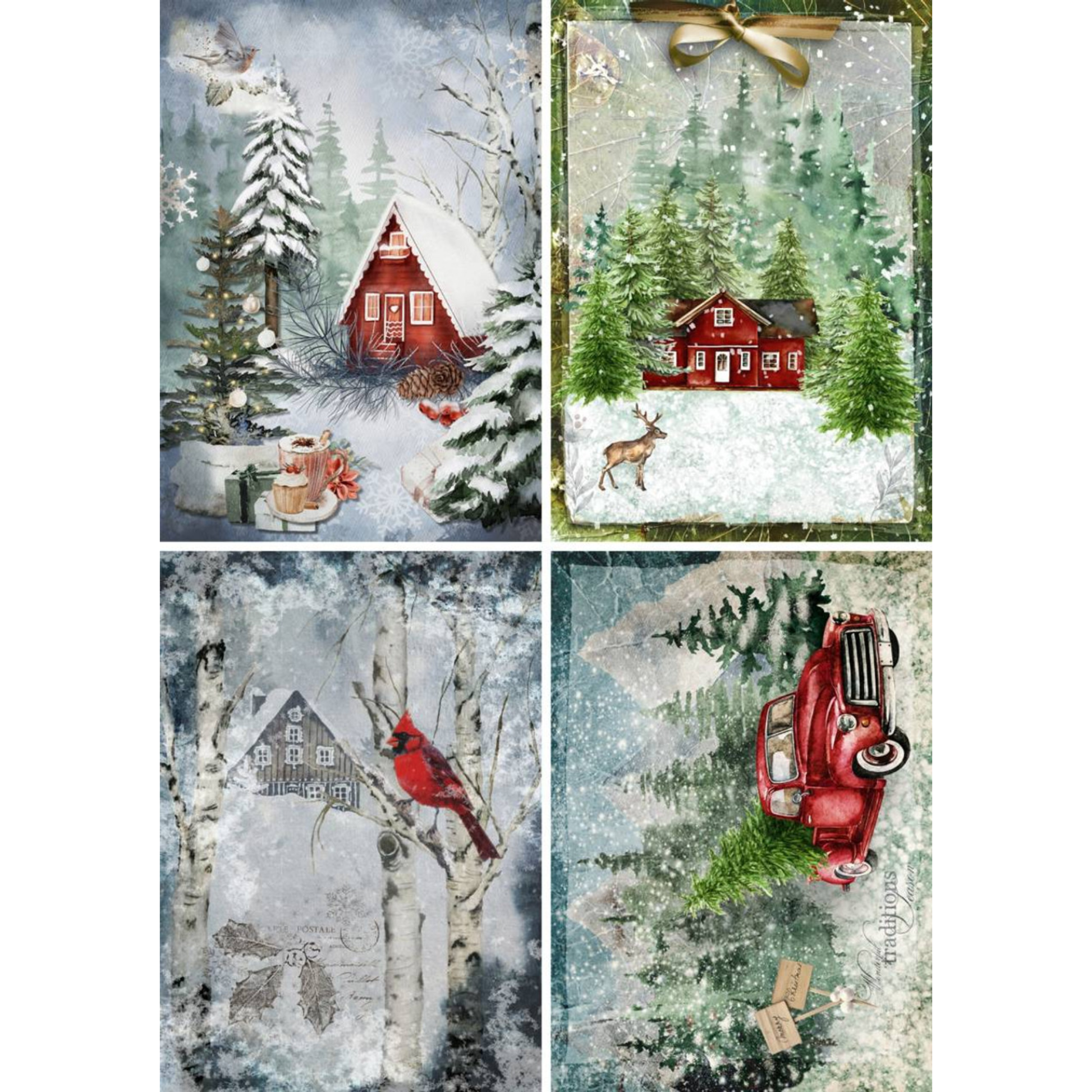 Set of four winter-themed images with red cabin, truck, and cardinal in snowy landscapes.
