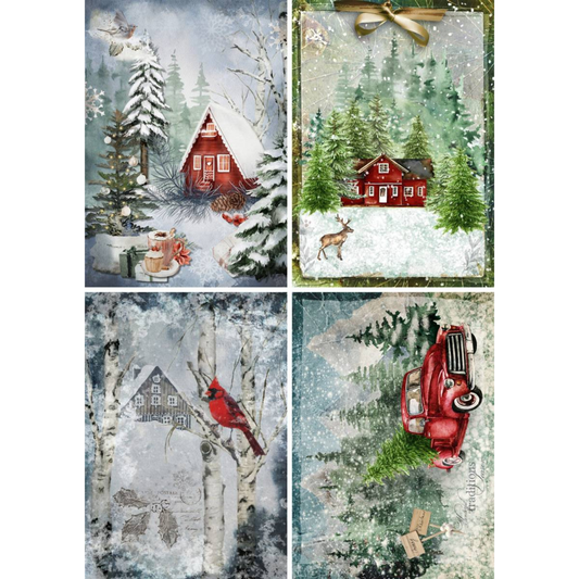Set of four winter-themed images with red cabin, truck, and cardinal in snowy landscapes.