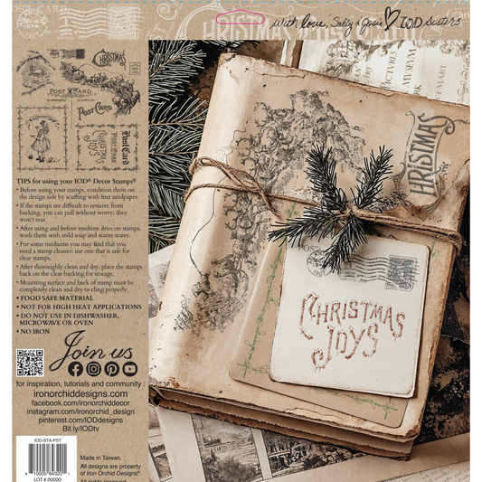 "Christmas Post" IOD Stamp by Iron Orchid Designs. Single sheet. Back cover. Available at Milton's Daughter. Collection of vintage-style Christmas postcard designs with reindeer, Santa Claus, and decorative text