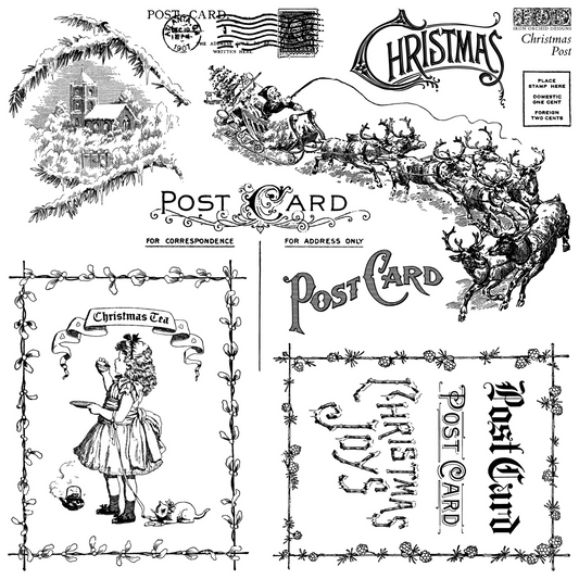 "Christmas Post" IOD Stamp by Iron Orchid Designs. Single sheet. Available at Milton's Daughter. Collection of vintage-style Christmas postcard designs with reindeer, Santa Claus, and decorative text.