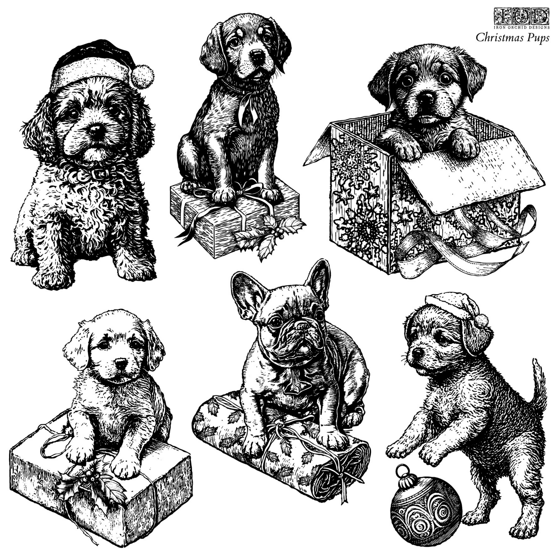 "Christmas Pups" IOD Stamp by Iron Orchid Designs. Available at Milton's Daughter.