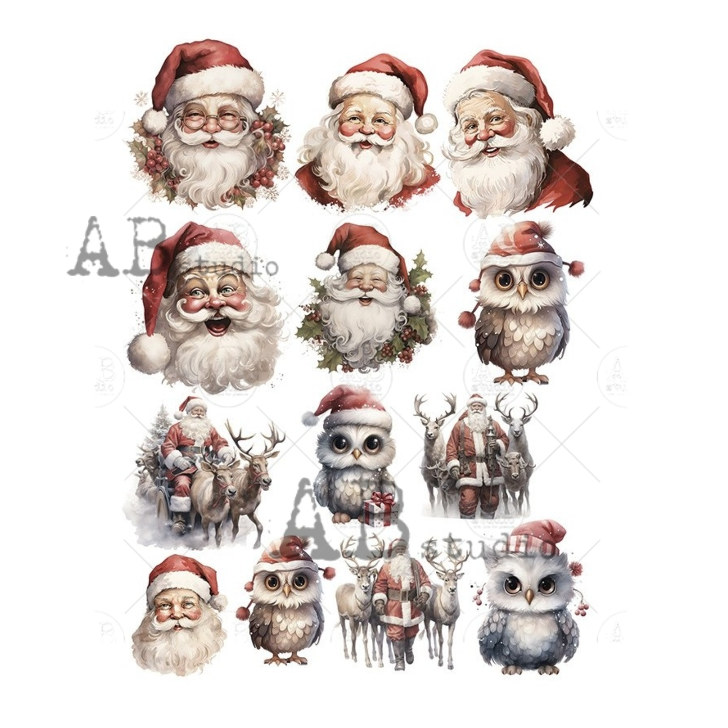 Collection of Christmas-themed illustrations including Santa Claus, owls, and reindeer on a white background.