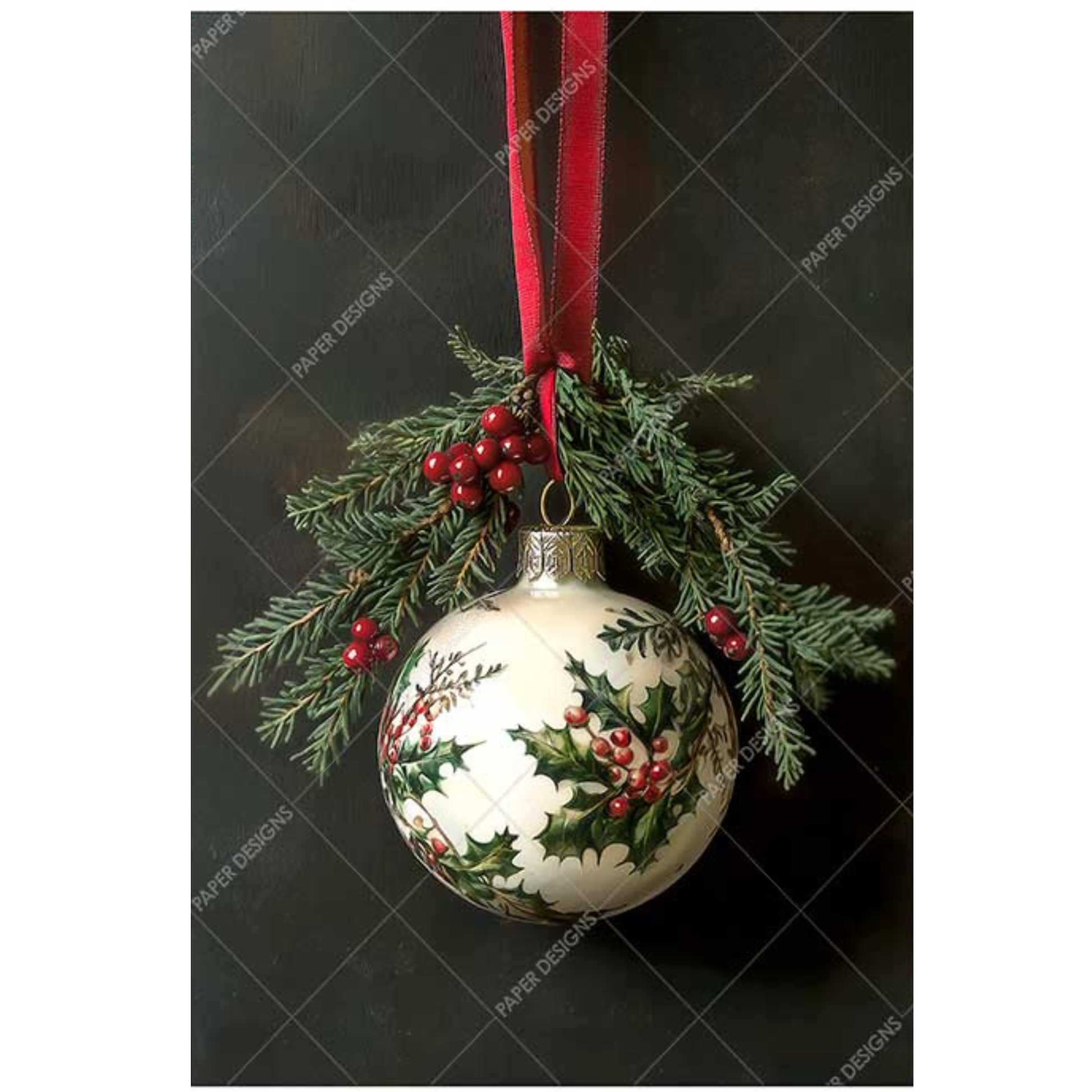 Decorative Christmas ornament with holly design on a dark background.