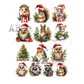 Illustrations of various animals wearing Christmas hats and decorations on a white background.