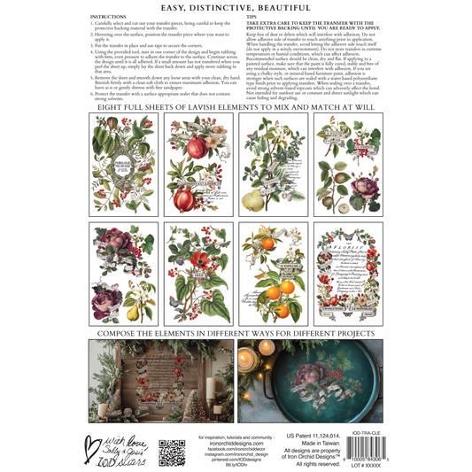 "Clementine" IOD Transfer by Iron Orchid Designs. Back cover. Sheet of decorative elements with illustrations of fruits and flowers, accompanied by instructions and examples of use. Available at Milton's Daughter.