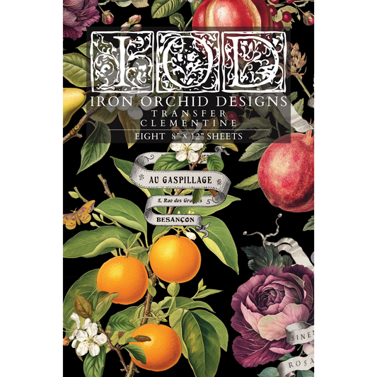 "Clementine" IOD Transfer by Iron Orchid Designs. Front cover. Iron Orchid Designs transfer sheet with floral and fruit design. Available at Milton's Daughter.