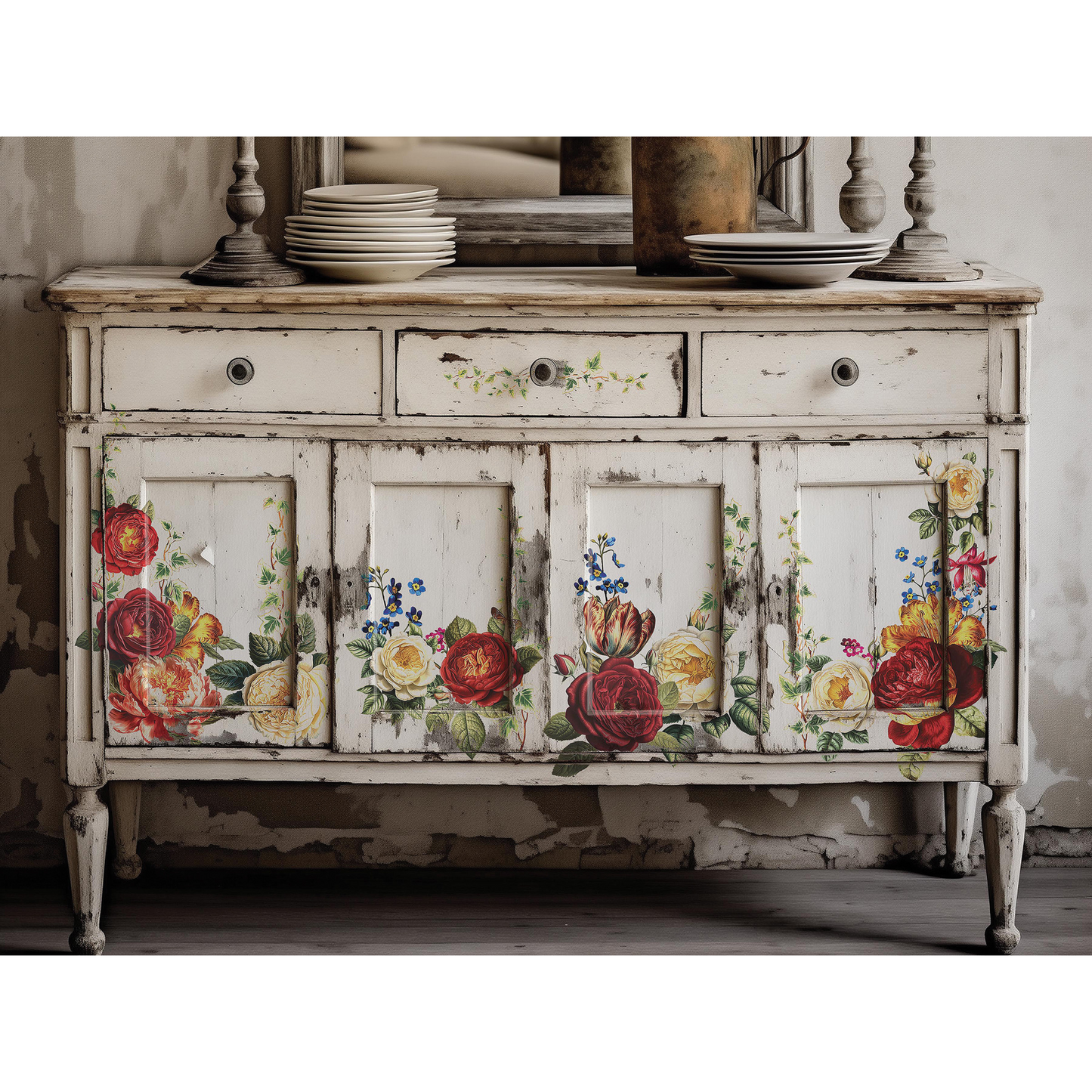 "Collage De Fleurs" IOD Transfer by Iron Orchid Designs. White buffet example. Transfer available at Milton's Daughter.