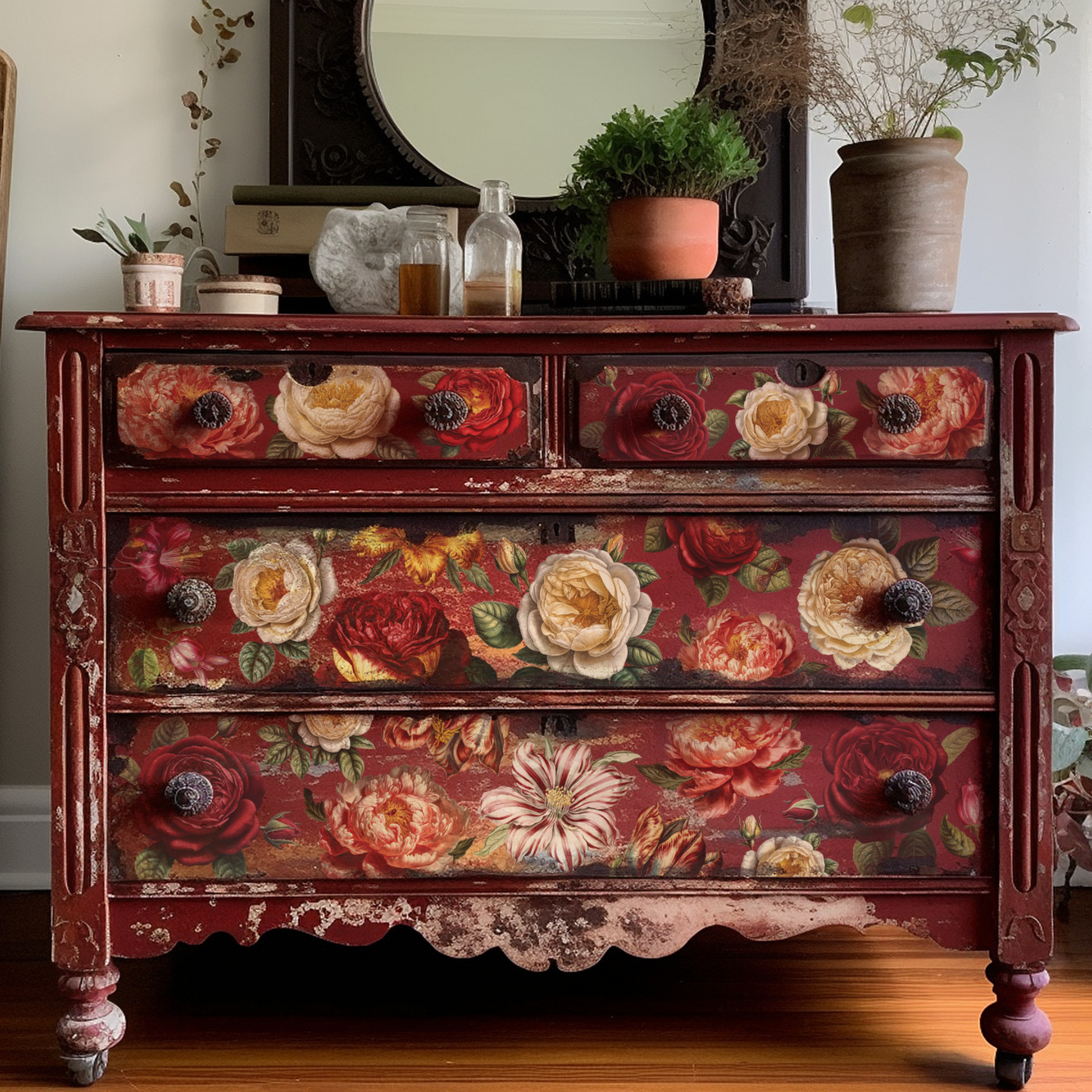 "Collage De Fleurs" IOD Transfer by Iron Orchid Designs. Red dresser example. Transfer available at Milton's Daughter.
