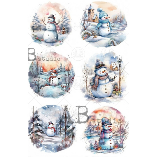 "Colorful Watercolor Snowman Rounds" decoupage rice paper by AB Studio. Available at Milton's Daughter.