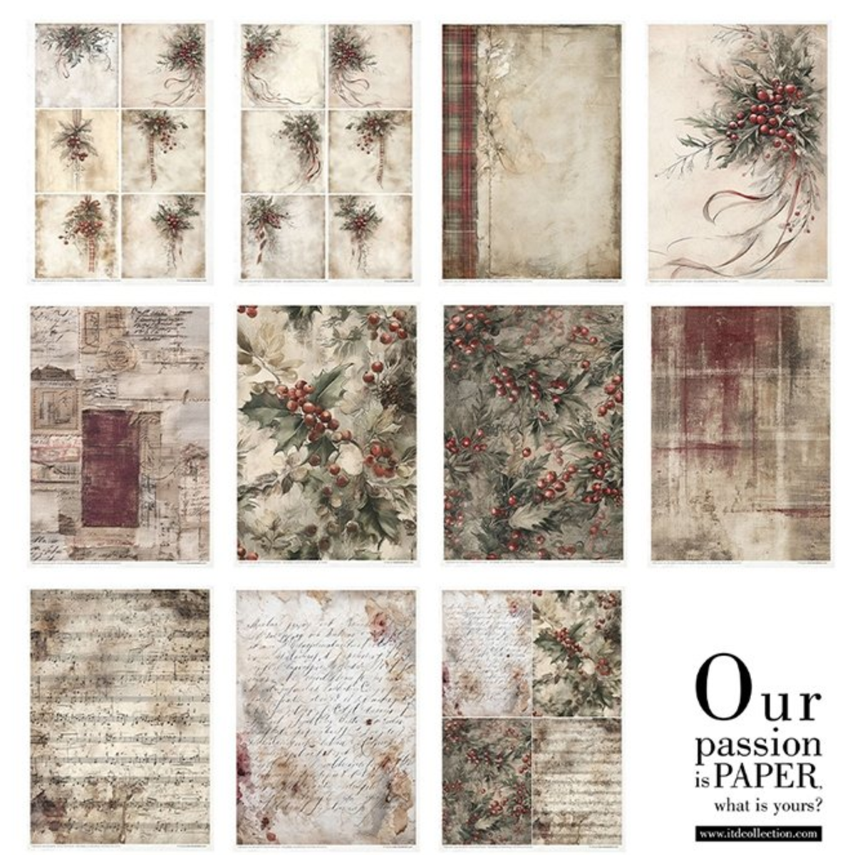 Winter's Tale in Red - decoupage rice paper set from ITD Collection. 11 page combo collage.