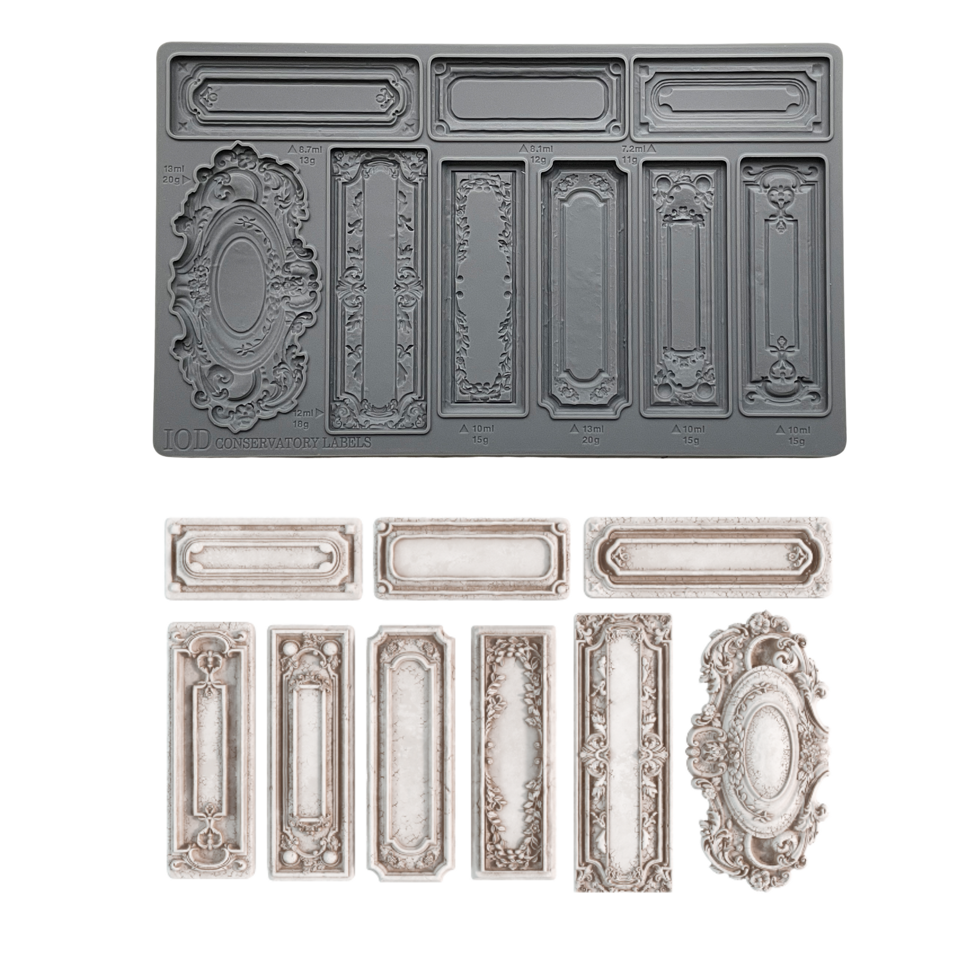 "Conservatory Labels" IOD Mould by Iron Orchid Designs. Combination example of mould with castings. vailable at Milton's Daughter.