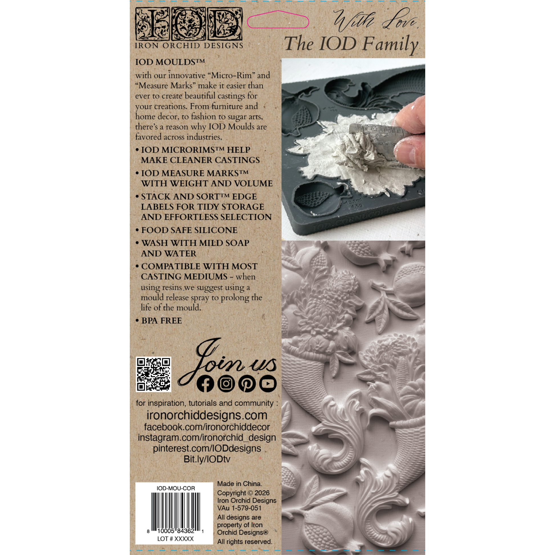 Back cover of IOD Mold Cornucopia, featuring product description, website, barcode, and a demonstration photo of a hand pressing wet clay into a silicone mold.