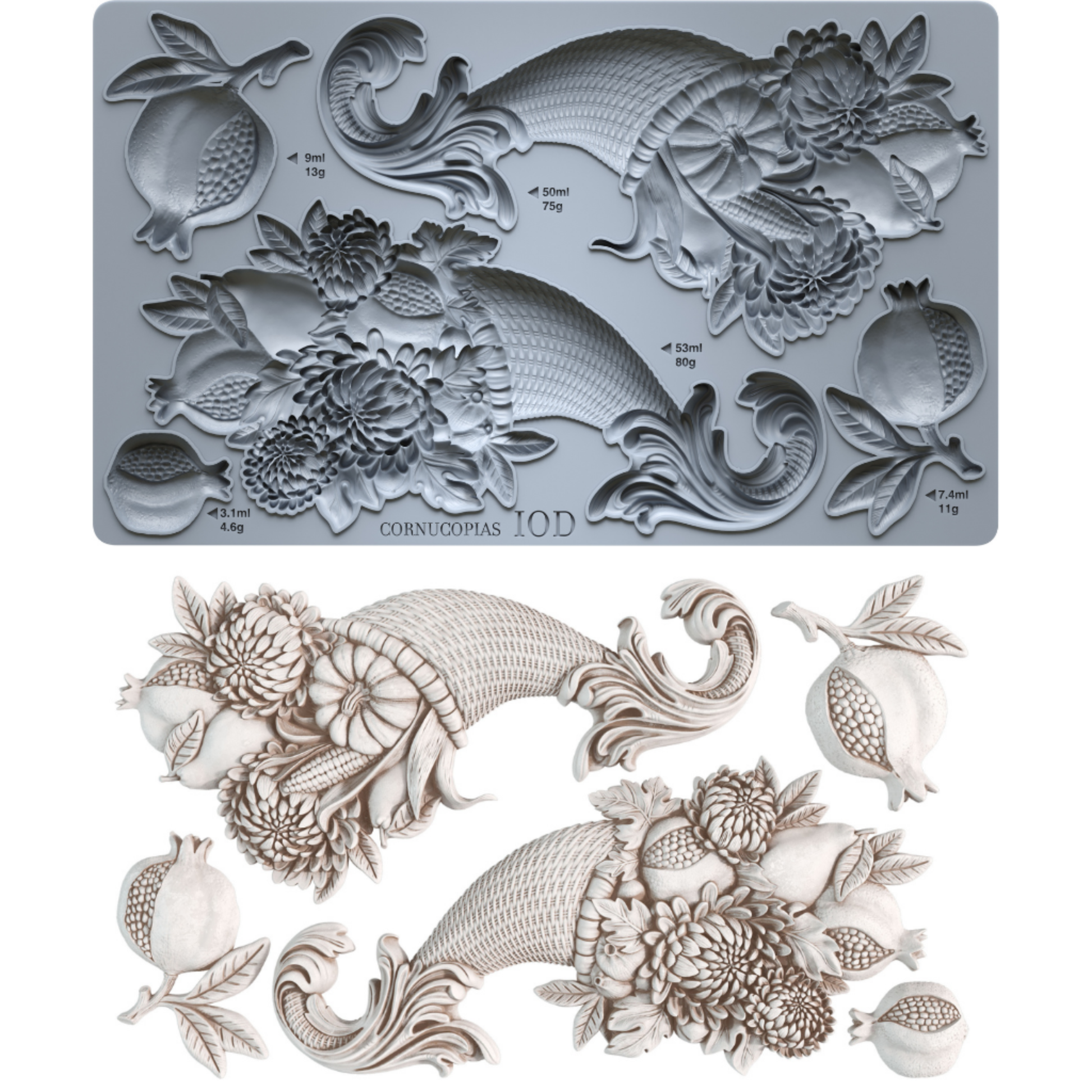 IOD Mould Cornucopia  shown in gray with its corresponding white 3D molded casting sample, featuring detailed floral, leaf, and pomegranate motifs on a white background.