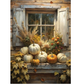 "Cottage Pumpkins" decoupage rice paper by AB Studio. Autumn scene with pumpkins and flowers on a windowsill in front of a wooden window.