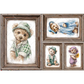 Set of four framed illustrations of teddy bears in various outfits on a white background.