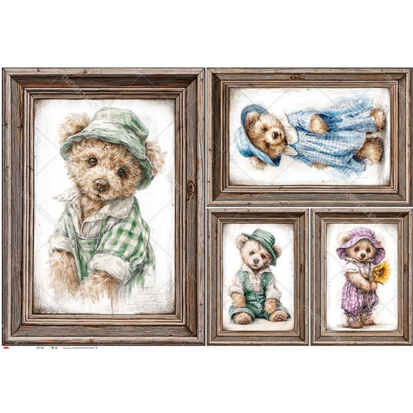Set of four framed illustrations of teddy bears in various outfits on a white background.